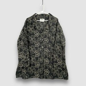 Flax Womens Large Black Embroidered Floral Cotton Long Sleeve Coat